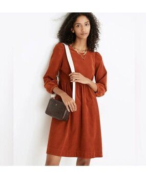 NWOT Madewell Corduroy Puff Sleeve Dress XS Rust